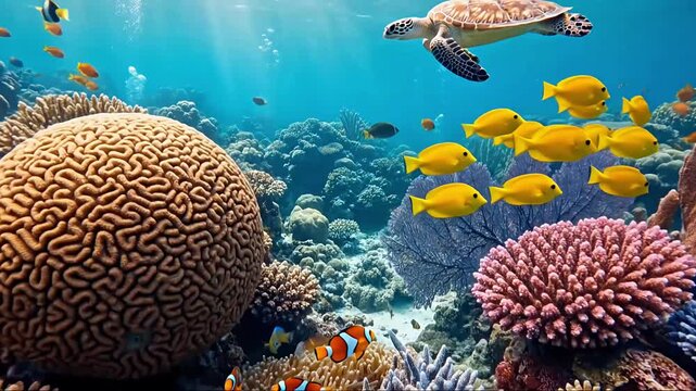 A breathtaking underwater scene unfolds, revealing a vibrant and thriving coral reef ecosystem. A majestic sea turtle gracefully swims above a tapestry of diverse corals, including intricate brain cor