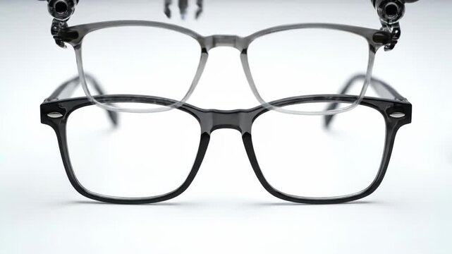Robotic arm precisely crafts smart glasses from raw materials. Photochromic lenses transition, then glasses are stored in a sleek case.