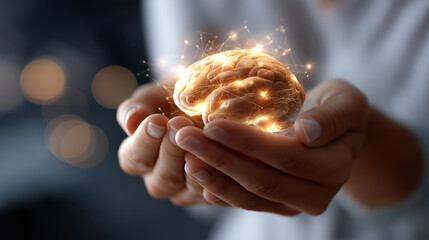 Glowing brain symbolizing mental health held with care heavily defocused background mindfulness and self care promotion therapy and love representation stress relief