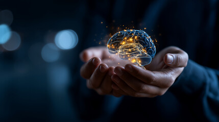 Glowing brain symbolizing mental health held with care heavily defocused background mindfulness and self care promotion therapy and love representation stress relief