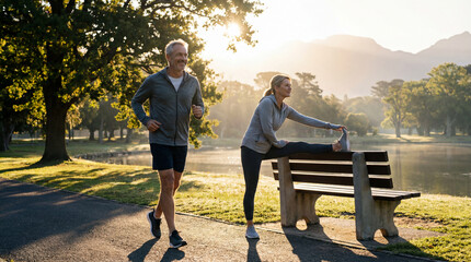 Casal Ativo de Meia-Idade Correndo e se Exercitando no Parque ao Nascer do Sol - Conceito de Sa&uacute;de, Bem-Estar e Longevidade