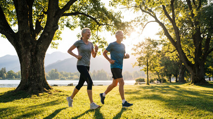 Casal Ativo de Meia-Idade Correndo e se Exercitando no Parque ao Nascer do Sol - Conceito de Sa&uacute;de, Bem-Estar e Longevidade