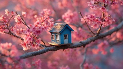 A small blue house rests on a tree branch filled with blooming pink cherry blossoms. The scene captures the beauty of spring with vibrant colors and nature's detail.