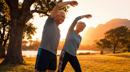 Casal Ativo de Meia-Idade Correndo e se Exercitando no Parque ao Nascer do Sol - Conceito de Sa&uacute;de, Bem-Estar e Longevidade