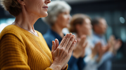 Diverse faceless participants engaging in stress management workshop defocused conference background anonymous individuals focusing on mental health counseling techniques group