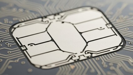 Extreme macro close-up of an EMV chip on a smart card, revealing intricate electronic circuitry and microchip technology essential for secure digital payments and financial transactions.