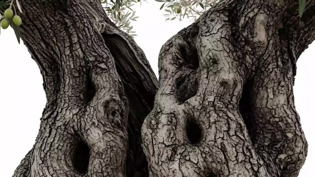 A captivating close-up reveals the deeply textured and gnarled trunks of an ancient tree, standing majestically against a bright, clear sky. The intricate patterns of the bark, marked by age and resil