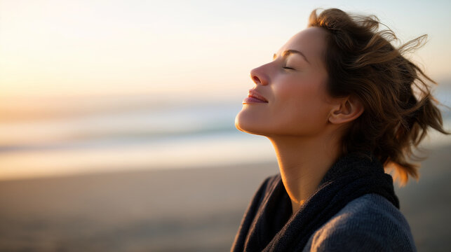 Faceless woman practicing mindfulness near ocean at sunset heavily defocused beach background anonymous person taking deep breath peaceful scene promoting stress relief and calm