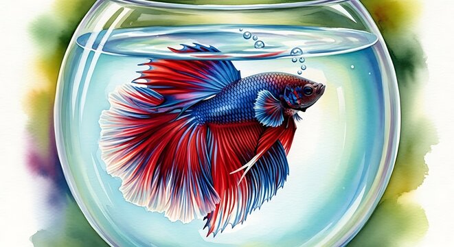 Regal Betta Fish with vibrant colors, in a glass bowl, watercolor style, and aquatic life.