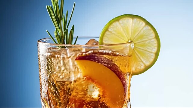 A captivating close-up shot features clear liquid gracefully pouring into a vibrant iced drink, expertly garnished with a bright slice of lime, a fragrant sprig of rosemary, and a juicy fruit slice, l