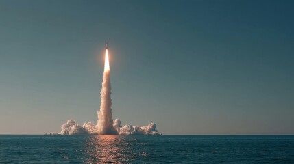 A rocket ascends into the sky from the surface of the ocean. Bright flames and smoke trail behind it while the sun sets in the background. Waves move gently below.