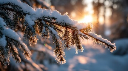 Snow covers tree branches in a forest as sunlight filters through the trees. The scene captures a winter morning with frost glistening in the light.