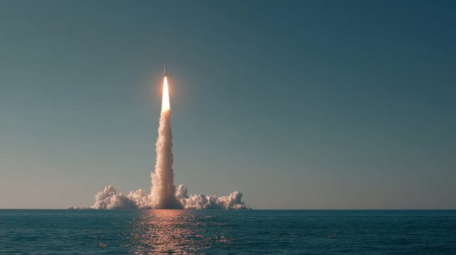 A rocket ascends into the sky from the surface of the ocean. Bright flames and smoke trail behind it while the sun sets in the background. Waves move gently below.