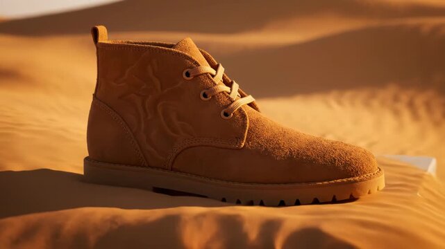 Desert sand dunes reveal a stylish, rugged boot. The durable footwear stands proudly on a stone pedestal.
