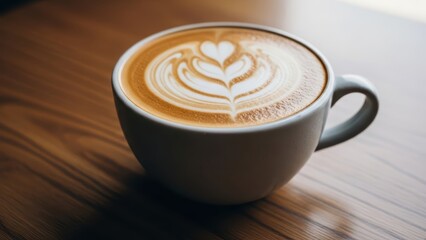 Close-up of a perfectly crafted coffee latte with intricate heart-shaped latte art in a white ceramic cup on a warm wooden table, perfect for a cozy morning or cafe ambiance.