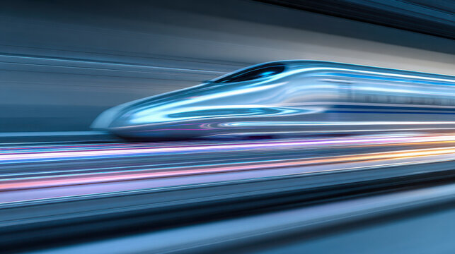 Futuristic high-speed train moving rapidly through a tunnel with dynamic light streaks showcasing advanced transportation technology and motion blur effect