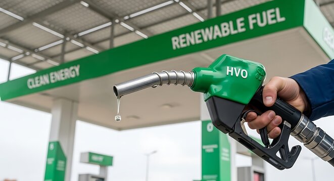 Renewable Fuel HVO Gun Dripping Against a Modern Clean Energy Gas Station.
