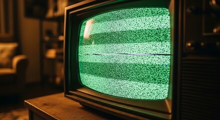 Retro TV Showing Static Noise Vintage Television in Dimly Lit Living Room.