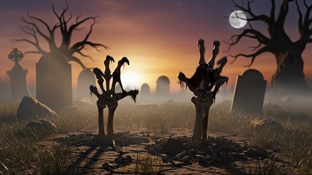 A chilling and dramatic scene unfolds as skeletal, decomposing hands emerge from cracked, dry earth in a desolate graveyard. The eerie atmosphere is heightened by silhouetted tombstones and barren tre