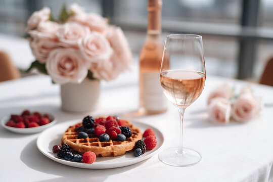 galentines brunch table, sophisticated brunch display with waffles, berries, florals, rosy hues, galentines day vibe