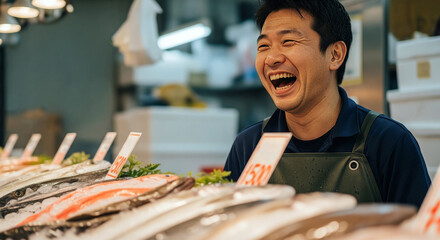 魚屋さんや鮮魚スタッフ、漁協の組合員、魚市場の関係イメージ、常連のお客さんと笑顔で会話をする笑顔とコピースペース