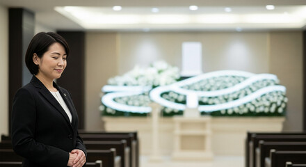 葬儀場スタッフのイメージ、式場で参列者を静かに出迎える慈愛の表情とコピースペース