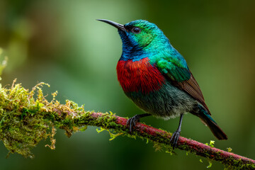 Naklejka premium Vibrant hummingbird perched on a mossy branch with a blurred green background