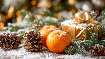 Festive arrangement featuring frosted pine cones, vibrant oranges, evergreen branches, and an elegantly wrapped golden gift box with seasonal decorative lighting in