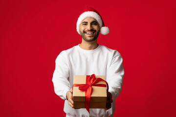 A man wearing a Santa hat smiles widely while presenting a beautifully wrapped gift box with a red ribbon. The background is bright red, perfect for holiday cheer.