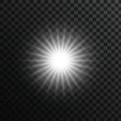 Transparent white light burst with radial glow rays on checkerboard background, abstract lens flare effect for overlays and design projects