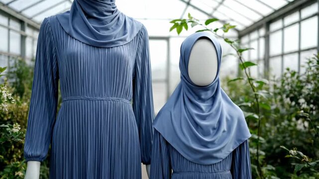 Two mannequins display elegant blue modest dresses and hijabs. They stand gracefully amidst lush green plants in a bright greenhouse.