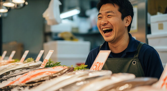 魚屋さんや鮮魚スタッフ、漁協の組合員、魚市場の関係イメージ、常連のお客さんと笑顔で会話をする笑顔とコピースペース