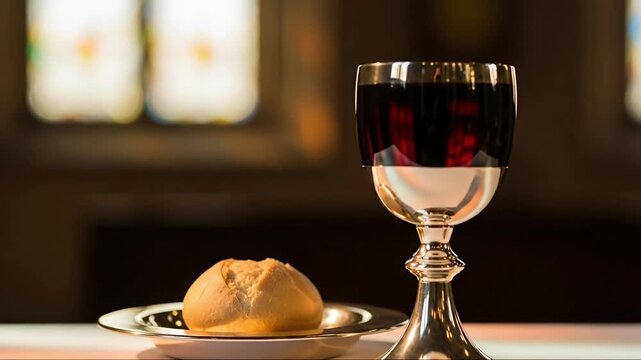 A close-up shot elegantly displays a polished silver chalice brimming with a deep red liquid, placed next to a small, golden-brown bread roll resting on a reflective silver plate. The soft, ambient li
