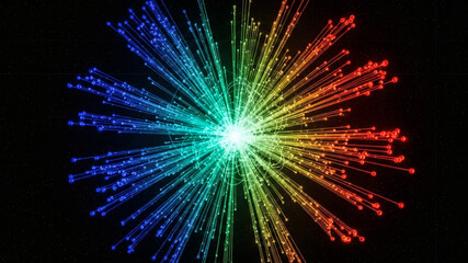 Scientific illustration of a particle accelerator collision or Big Bang. Multicolored atoms and energy beams radiating from a central core in a starburst.