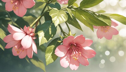 pink flowers with green leaves in sunlight