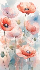 watercolor poppies in soft pastel colors with light blue background