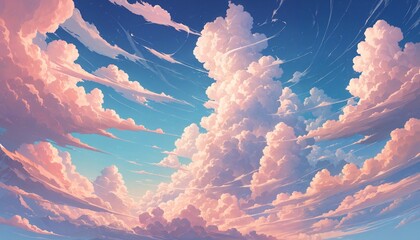 pastel pink clouds with streaks of light against a blue sky