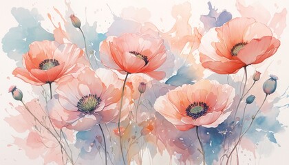 watercolor poppies in soft peach and blue tones