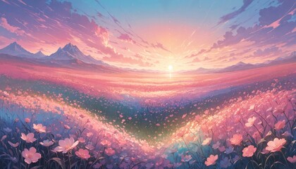 pastel sunset over blooming field with mountains in the background