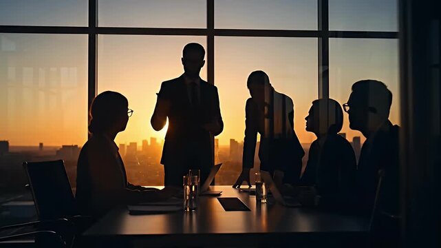 A compelling silhouette shot of a diverse group of business professionals engaged in a meeting within a modern office setting. The dramatic golden hour sunlight streams through large windows, backligh