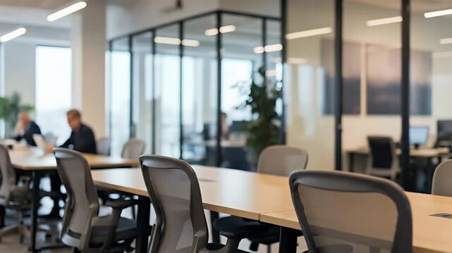 A contemporary and dynamic modern office environment captured with a shallow depth of field, highlighting a long wooden conference table and ergonomic chairs in the foreground. In the soft-focus backg
