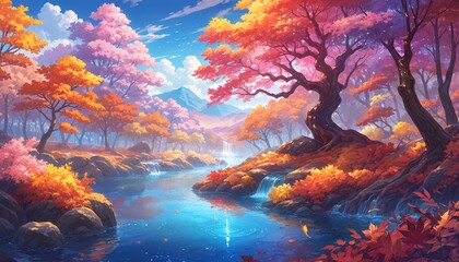 autumn forest with colorful trees and flowing river