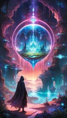 magical fantasy landscape with glowing orb and hooded figure