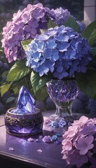 vibrant hydrangea bouquet with sparkling blue crystal centerpiece on table