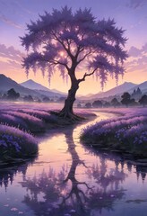 violet tree with lavender field and river at sunset