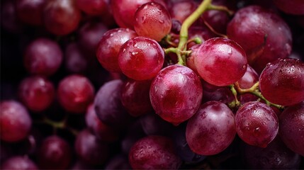 Fototapeta premium Clusters of grapes are seen in detail with droplets of water clinging to their surface. This close view shows the rich color and texture of the fruit during daylight.