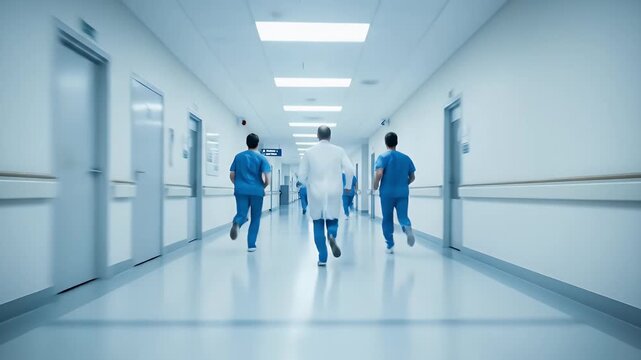 A dedicated team of medical professionals, including a doctor in a white lab coat and two nurses in blue scrubs, run with urgent purpose down a long, modern hospital corridor. The blurred background e