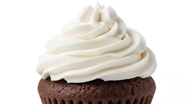 A delectable close-up shot captures a perfectly baked chocolate cupcake, topped with a luscious, swirling mound of pristine white frosting. The rich, dark brown cake contrasts beautifully with the cre