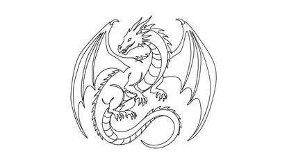 Fototapeta premium Intricate black and white line drawing of a fierce dragon with spread wings and detailed scales