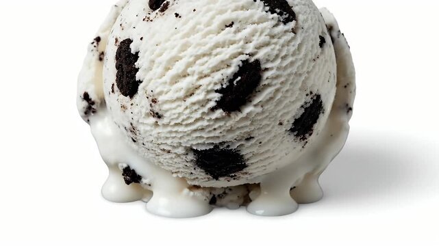 A delectable scoop of creamy white ice cream, generously studded with dark chocolate cookie pieces, is captured in a pristine, isolated setting. The inviting dessert slowly begins to melt, forming lus